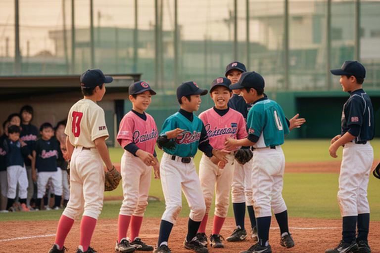 船橋の野球場で日本とアジアの少年選手が交流する様子