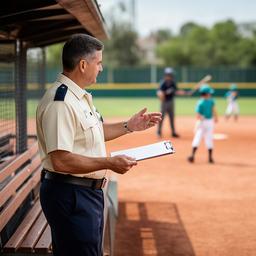 野球場のベンチ前で試合進行を確認する国際審判経験者