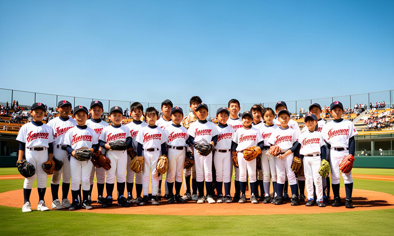 日本とアジア各国の青少年野球選手が青空の球場で整列する国際交流大会
