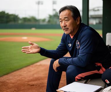 日本の元代表チームコーチが野球場のベンチで練習メニューを説明する様子