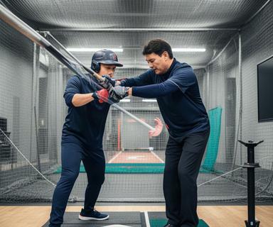 韓国のプロ野球コーチが室内練習場で打撃フォームを確認する様子