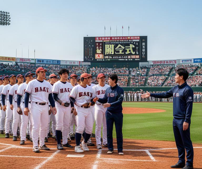 多国籍の野球選手が日本の球場で開会式に参加し、運営スタッフが導線を案内している様子