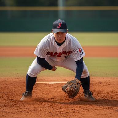 内野守備の練習で低い姿勢を取る日本代表候補選手と土のグラウンド