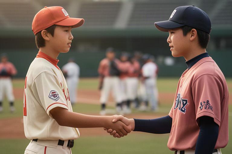 日本と韓国の中学生野球選手が球場で握手を交わす国際交流の場面