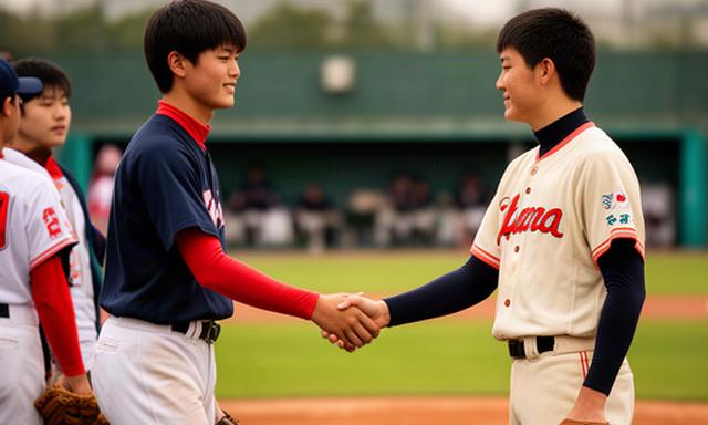 試合後に日本と韓国の高校野球選手が球場脇で握手をする場面